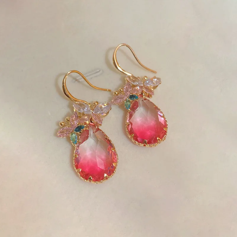 

European and American Women Pink Zircon Butterfly Drop-Shaped Ear Hook Fresh Internet Influencer Earrings