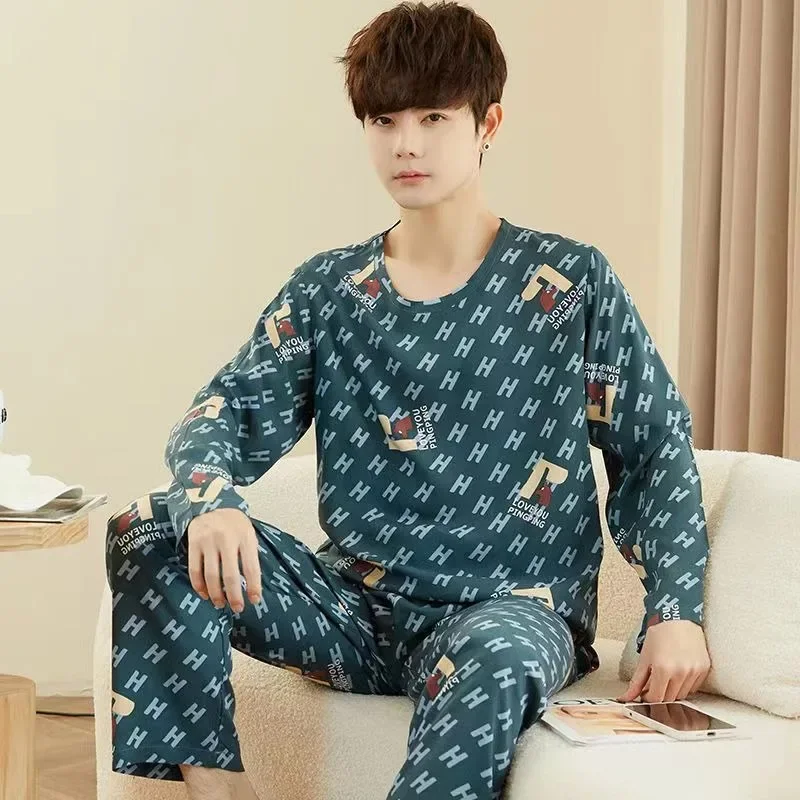 Men Pajama Set Long Sleeves Trousers Nightwear Homewear Large Size Breathable Student Letter Sleepwear Loungewear Two-Piece Set