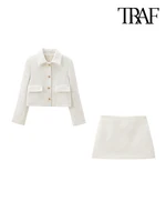 TRAF Women Fashion With Pockets Tweed Jacket Coat And High Waist Side Zipper Mini Skirt Female Two Piece Sets Mujer 1