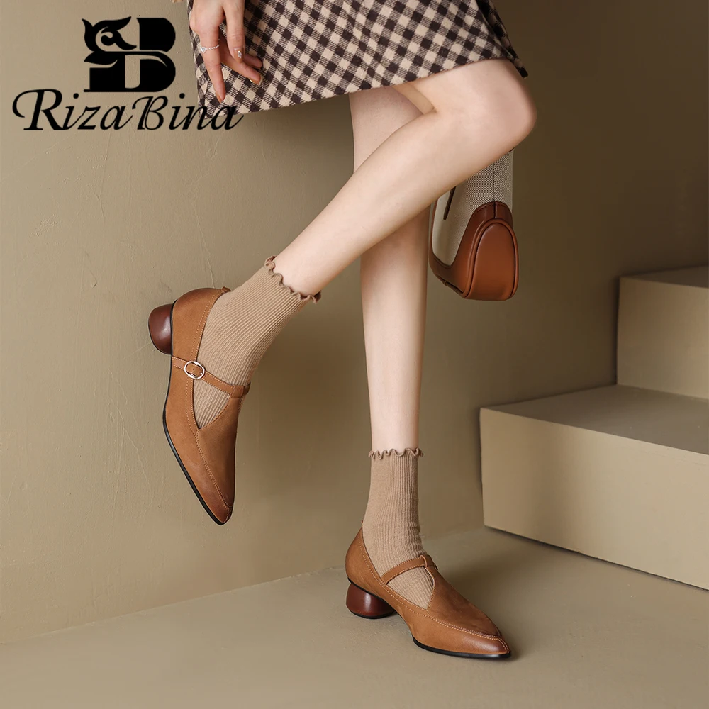 

RIZABINA Size 36-43 Women Pumps Ponited Toe T-strap Design Genuine Leather Shoes Lady Spring Summer Buckle Office Party Shoes