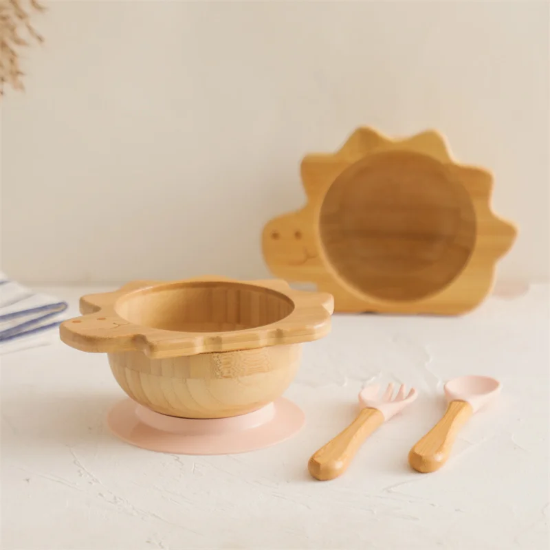 Baby Wooden Tableware Set Dinosaur Bamboo Wooden Plate Bowl Silicone Suction Wooden Handle Fork Spoon for Children Feeding Gift 2