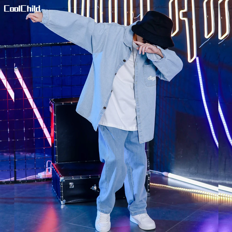 

Boys Street Dance Denim Shirt Girls Letter Jacket Jeans Hip Hop Clothes Sets Kids Jazz Loose Pants Child Costumes Streetwear