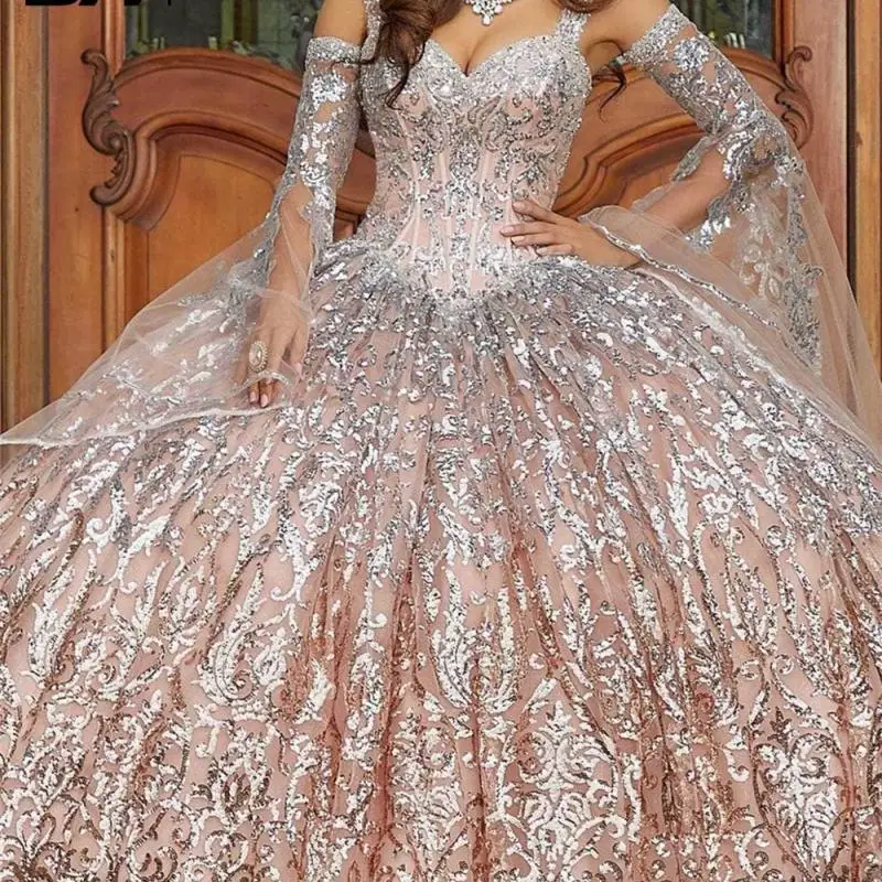 Embellished Basque Quinceanera Dress Appliques Party Dress Evening Flounce Sleeved Quinceanera Ballgown