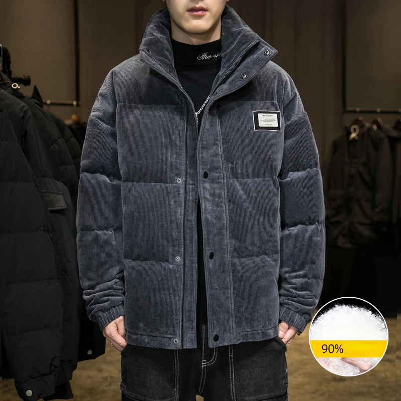 New Winter Down Jacket Men's Retro Corduroy Thick Warm 90% White Duck Down Coat Casual Stand-up Collar Windproof Puffer Jacket