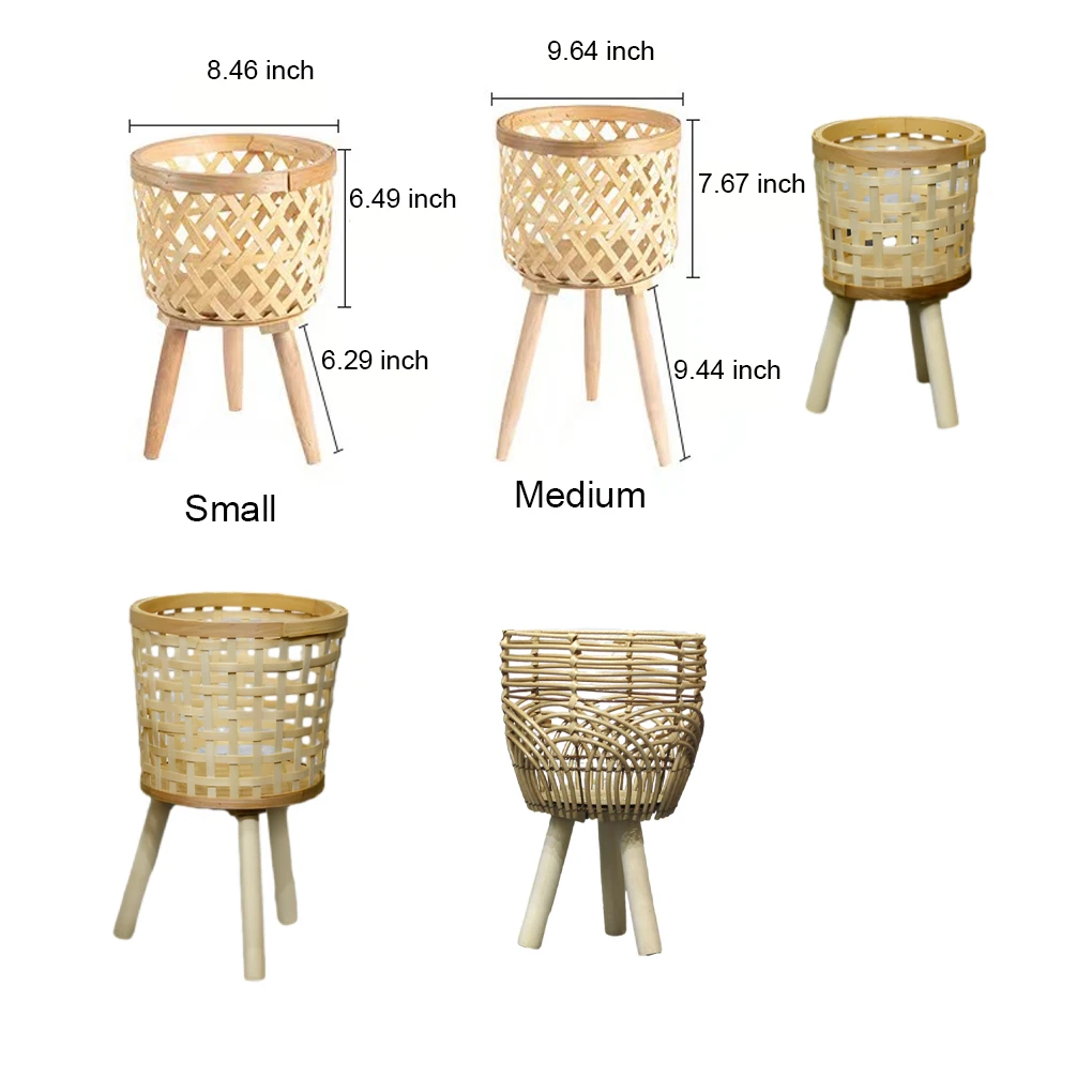Hand Woven Rattan Flower Pot Wood Stand Basket for Plant Floor Patio