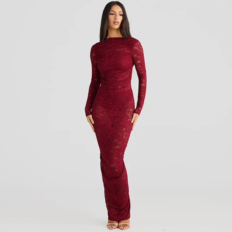 White Lace Backless Long Dress For Women See-Through High Waist Printed Slim Solid Hollow Out Dress Women's Party Dress