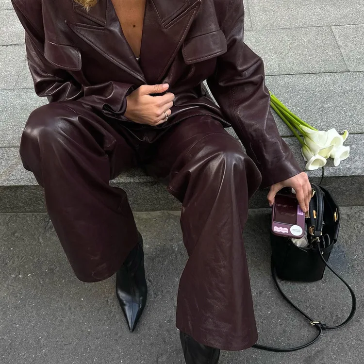 Vintage PU 2 Piece-Set Trousers Female Lace-Up Pocket Fashion Outwear Streetwear Autumn Patchwork Women's Pants Sets