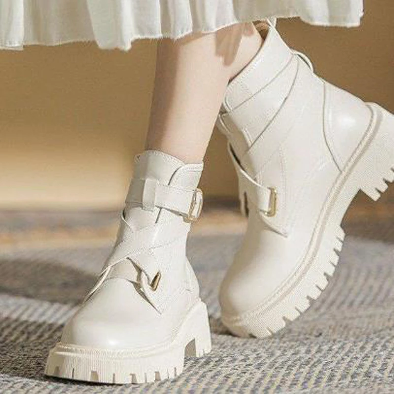 

2023 Women's Thick-sole Short Boots Ladies Leather Shoes Round Toe Belt Buckle Strap Cross-tied British Style Party Daily-wear