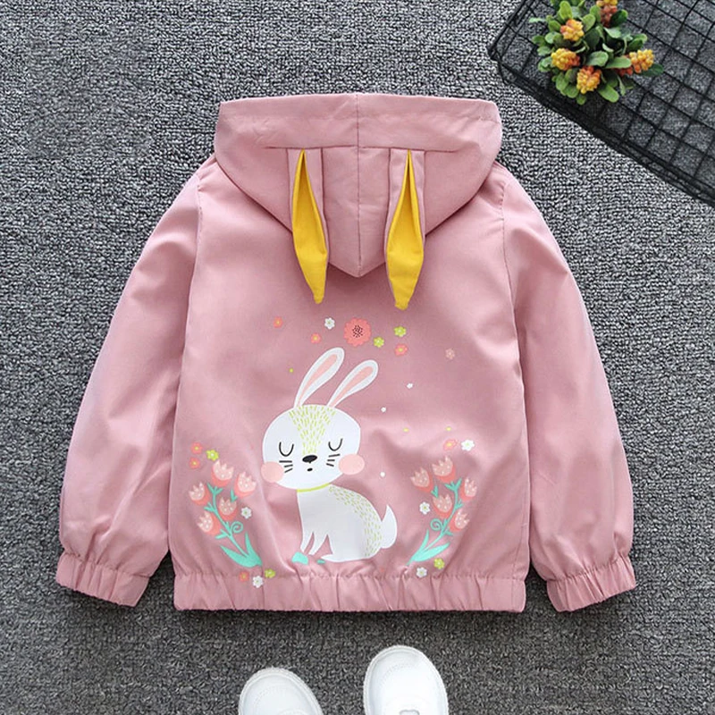 Children's Spring Cartoon Jacket Girls Cute Rabbit Ears Pattern Casual Coat Autumn Fashion Hooded Short Outerwear 9M-6Y