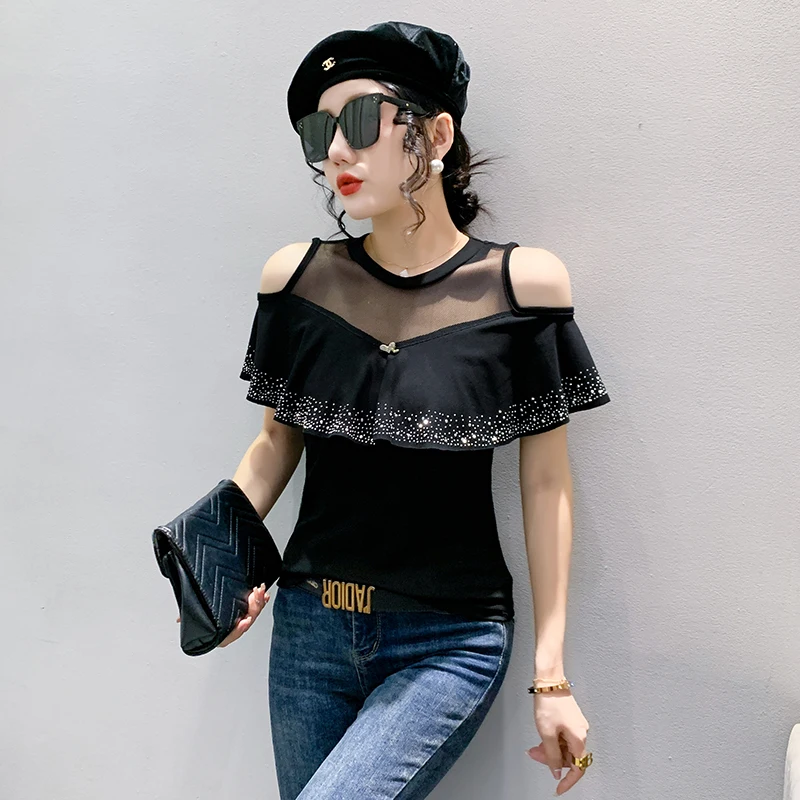 MadBlack Summer European Clothes Round Necks T-Shirts Ladies Sexy Ruffles Hot Drilling Slim Mesh Tops Short Sleeve Tees T34406C