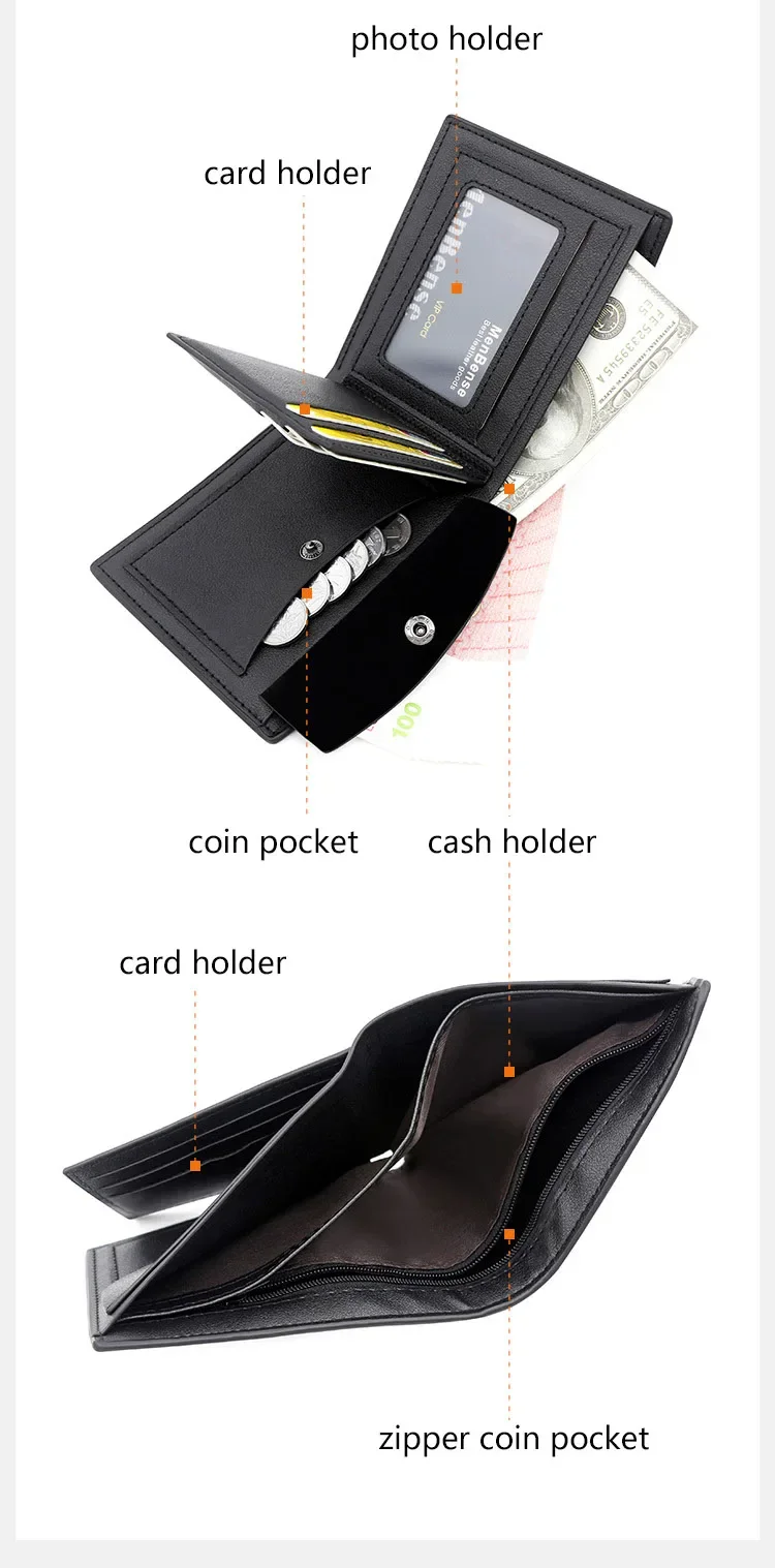 2025 New Male Short Bifold Zipper Card Holder Purse Slim Men's Wallets Simple Coin Pocket High Quality PU Leather Men Money Bag Image 8