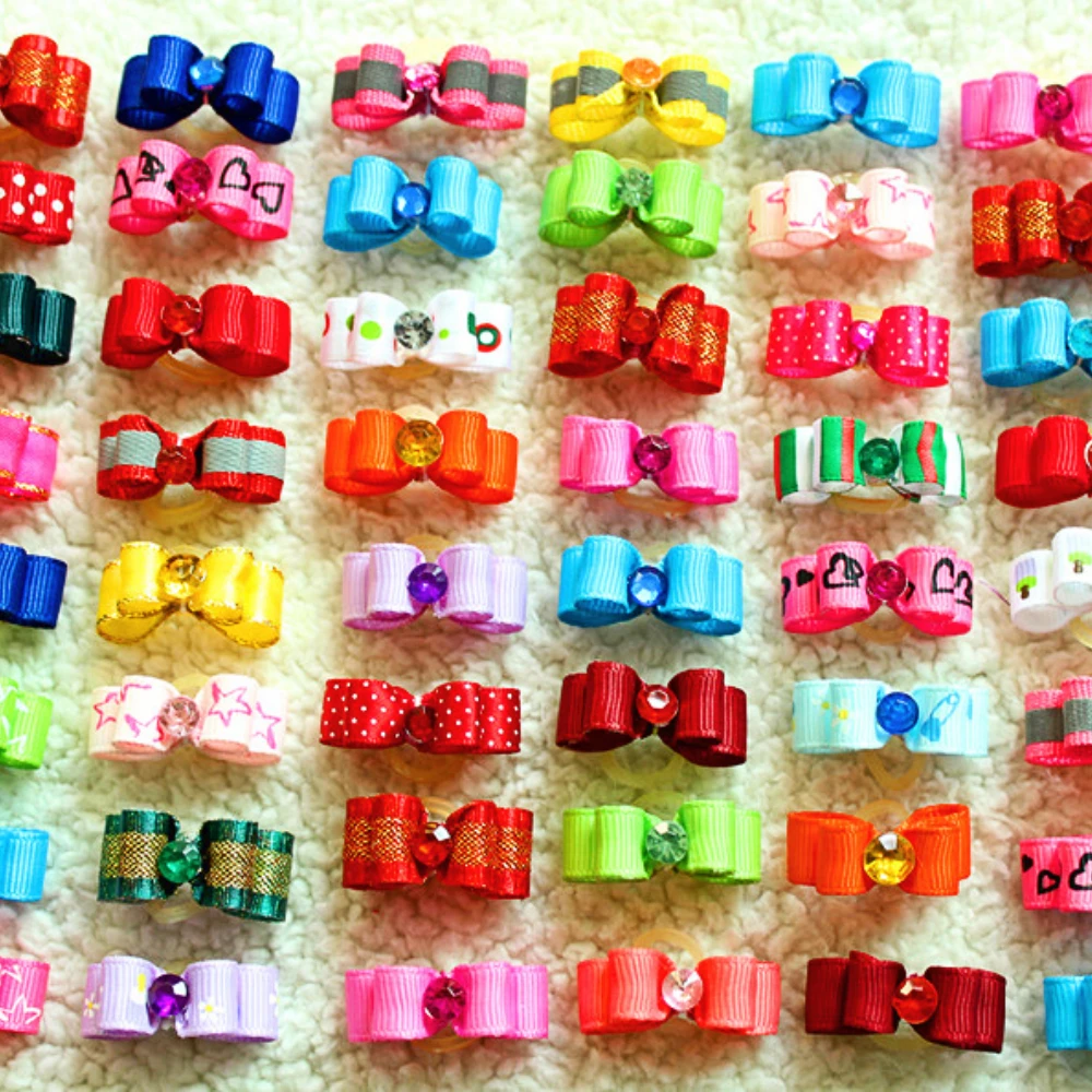 100PCS Hand-made Dog Bows Exquisite Fashion Hair Bows For Small Dogs Rubber Band Pet Dog Grooming Accessories Dog Supplies