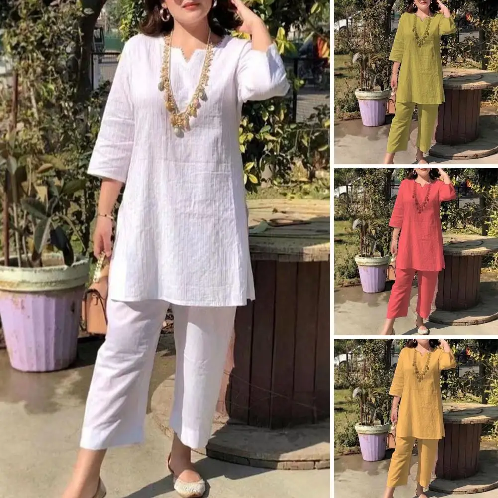 1 Set Two Pieces Set pant sets V-Neck Lady Summer Suit Casual Tee Shirt Long Pants sets for women 2 pieces
