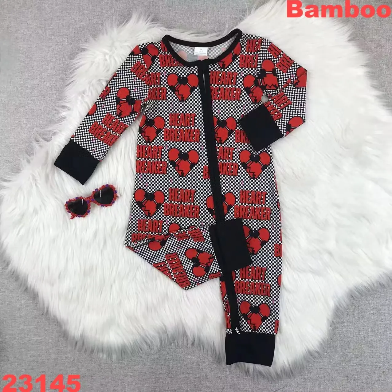 Valentine's Day Bamboo Romper Baby Climbing Girls Red Print Soft Bamboo Sleepers Zipper Pajamas Cover Hands and Feet