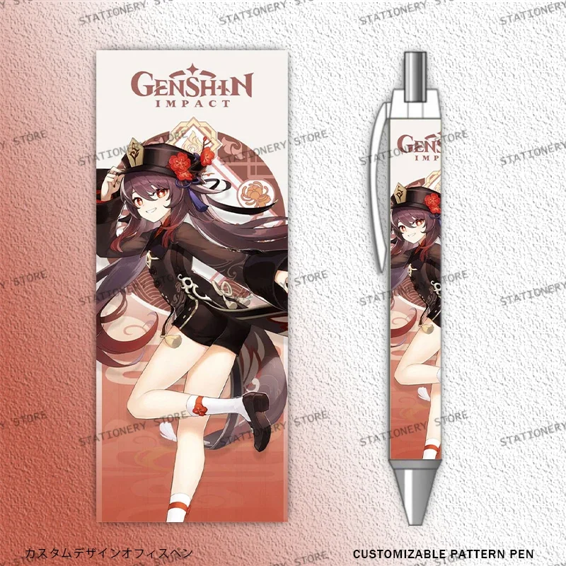 

1 шт. плакаты с персонажами игры, гелевые ручки, канцелярские принадлежности, черный стержень Genshin Impact Hu Tao Caneta, школьные принадлежности с настраиваемым рисунком