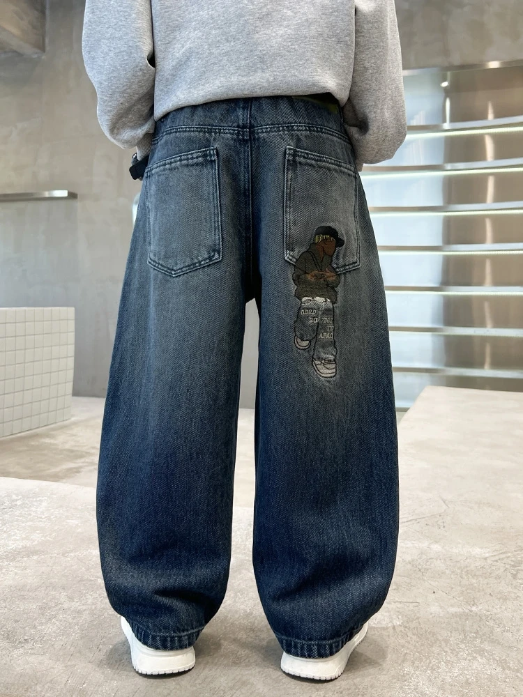 Boys Jeans Spring Autumn Fashionable Wide Leg Straight Casual Kids Denim Pants Trendy Children's Clothing Elastic Waistband - 2