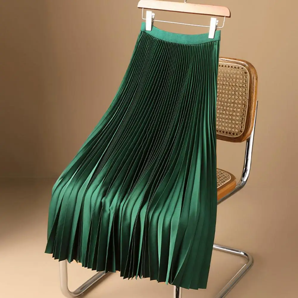 Women Pleated Skirt Solid Color Smooth Satin A-Line Skirt Elegant Elastic High Waist Pleated Skirt Work Leisure Wear 4