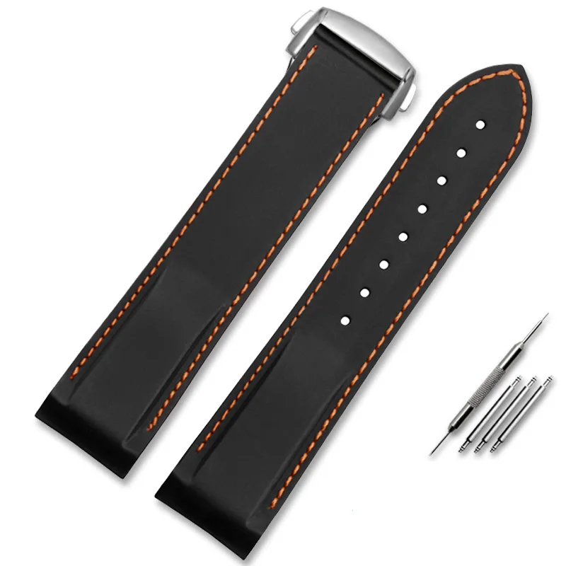 Premium Curved End Rubber Silicone Watch Strap in Blue, Black, and Orange (20mm, 22mm)