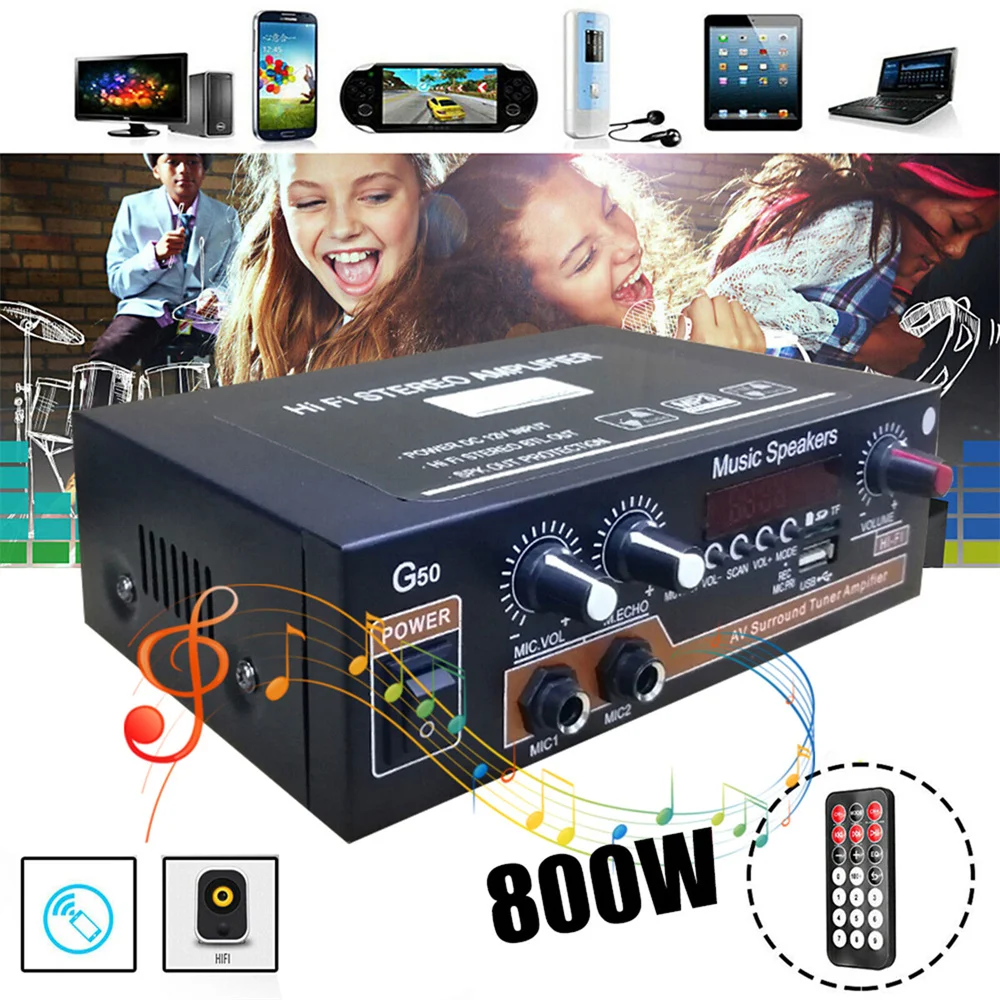 

Цифровой усилитель звука G50, Bluetooth, 2,0 каналов, поддержка USB, TF, MIC, RCA, FM-радио, импорт AC 110 В/220 В
