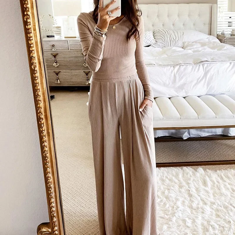 Blue Casual Knitted Top Long Pant Suit Women Spring Autumn Long Sleeves Elegant O Neck Solid Leisure Suit Home Sport Clothing