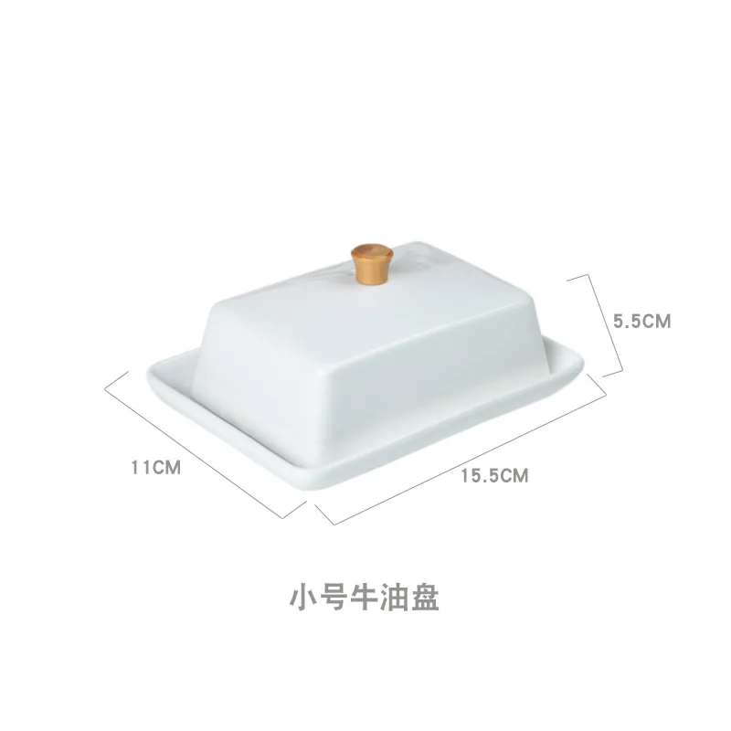 Ceramic bamboo wood butter dish with lid, cross-border rectangular Western style butter storage box set, bread and box