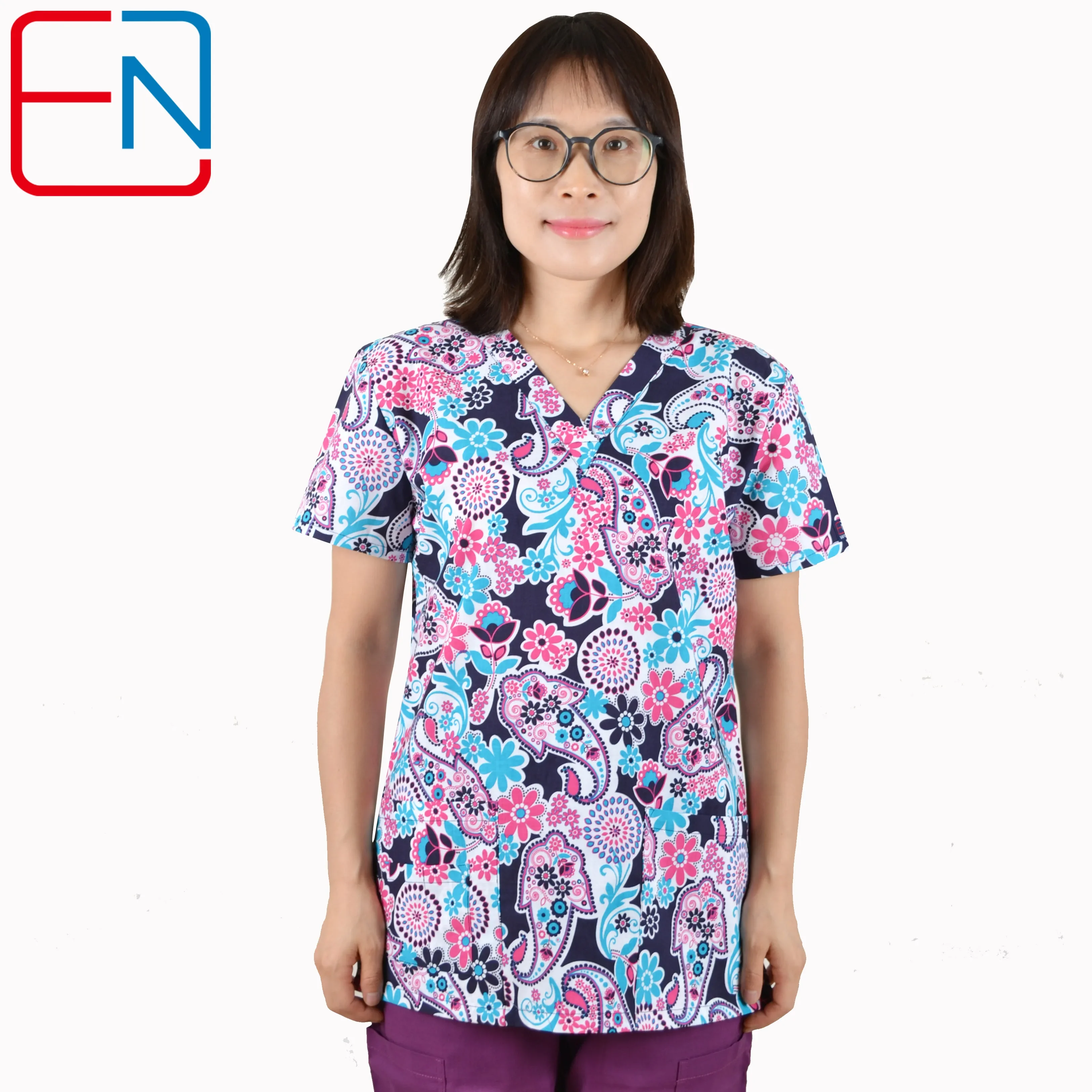 Brand scrub uniform tops for women in 100% print cotton 4 pockets,XXS-5XL