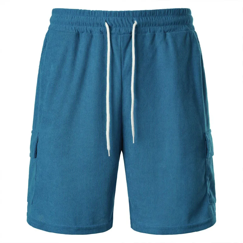 Men's Shorts Drawstring Elastic Waist Short Pants Summer Casual Solid Mid Waist Multi Pockets Shorts Men Streetwear Blue Shorts