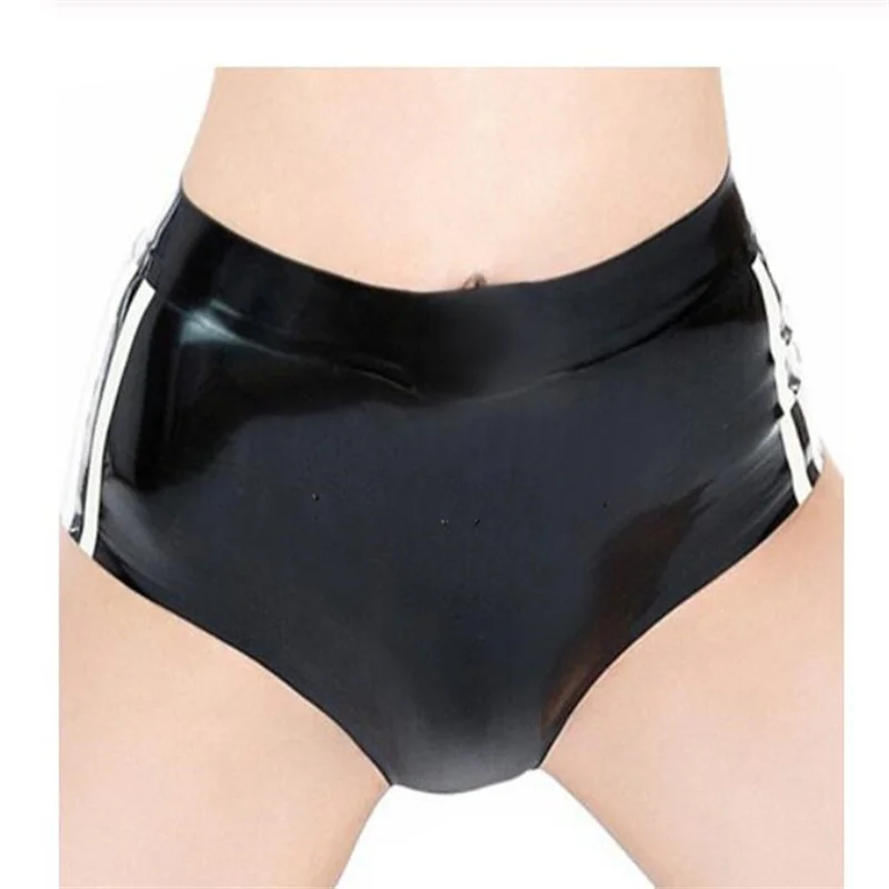 

Sexy Handmade Natural Latex Shorts Rubber Briefs Underwear with White Stirps Custom Made for Women