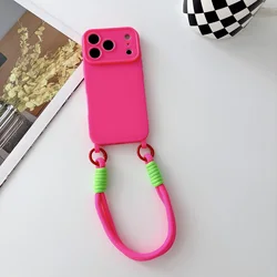 Minimalist Solid - Color Shock - Absorbing Silicone Phone Case with Wrist Strap - iPhone 15 Pro (Rose )