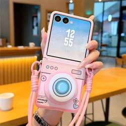 Magnetic Camera Pattern Case with Stand Holder and Nylon Strap - Shockproof Pink Cover - Galaxy Z Flip7 (Pink)