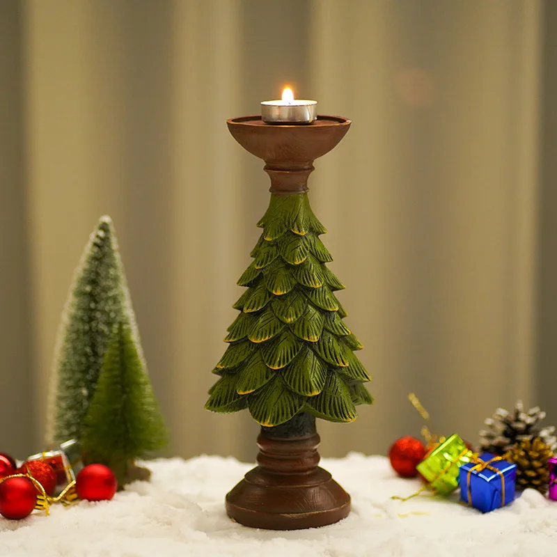 Green Christmas Decorative Ornament Snow Pine Christmas Tree Candle Holder Tabletop Living Room Decoration Christmas Gift