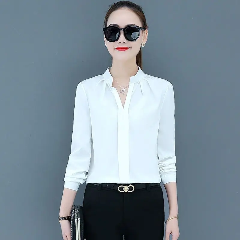 Women 2023 Early Autumn New Chiffon Breathable V-Neck Professional Formal Wear Solid Color Button Stitching Long Sleeves Shirts high quality summer security uniform men manager professional light blue airline captain uniform pilot short sleeves shirts