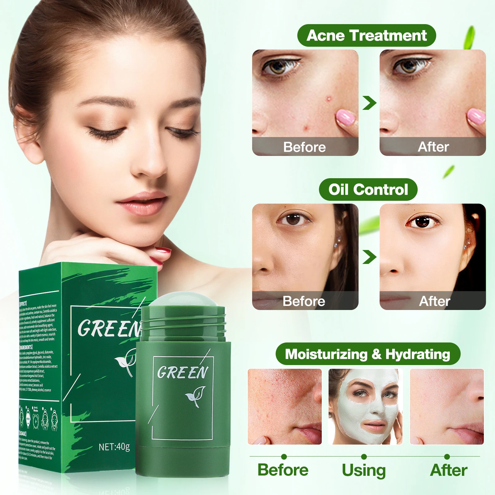 Green Tea Mask Stick Blackhead Remover Clay Face Mask Oil Control Acne Remover Pore Cleansing Purifying Detoxifying Skin Care