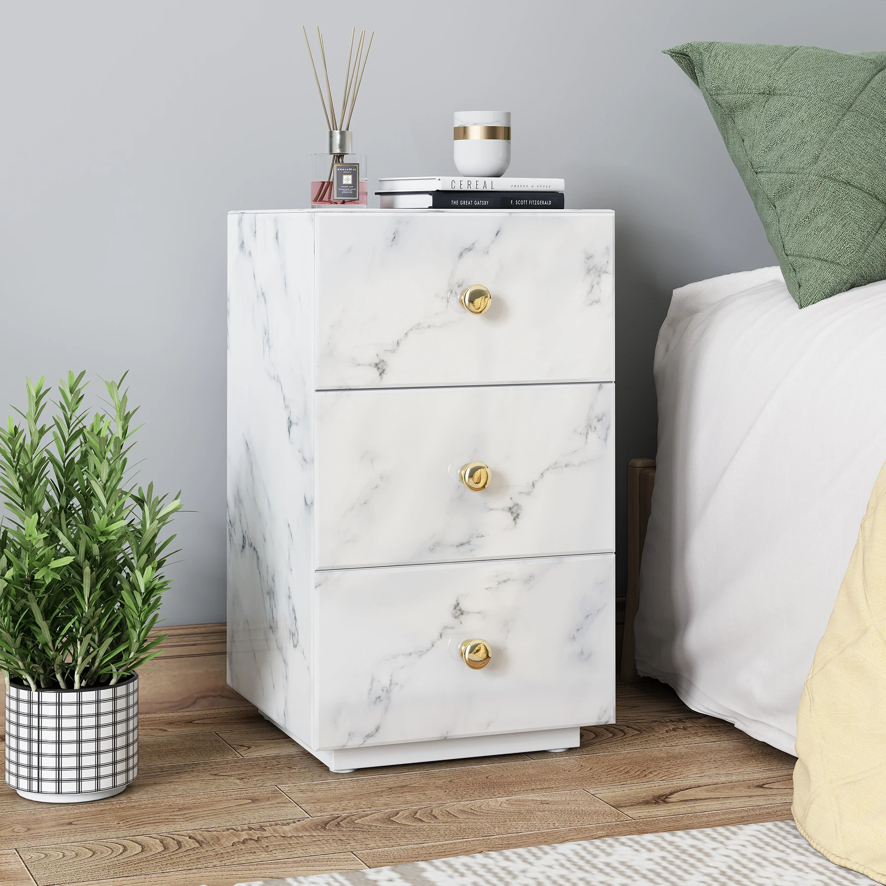 

13.8"Lx13.8"Wx23.6"H Nightstand Tempered Glass Marble Texture Bedside Table[US-W]