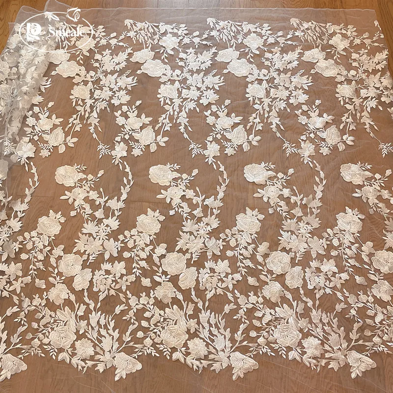 Off White Wedding Lace Fabric Embroidered Flower Twig Dress Mesh DIY Sewing Accessories |
