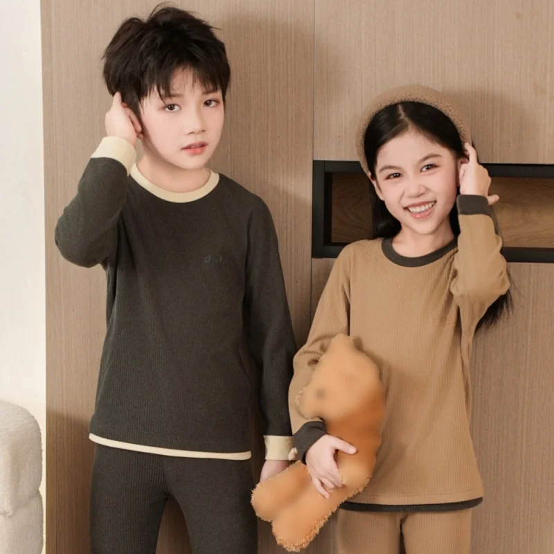 Autumn Winter Warm Velvet Long Johns for Kids Boys Girls Casual Thermal Long Johns for Children School Sports Tops