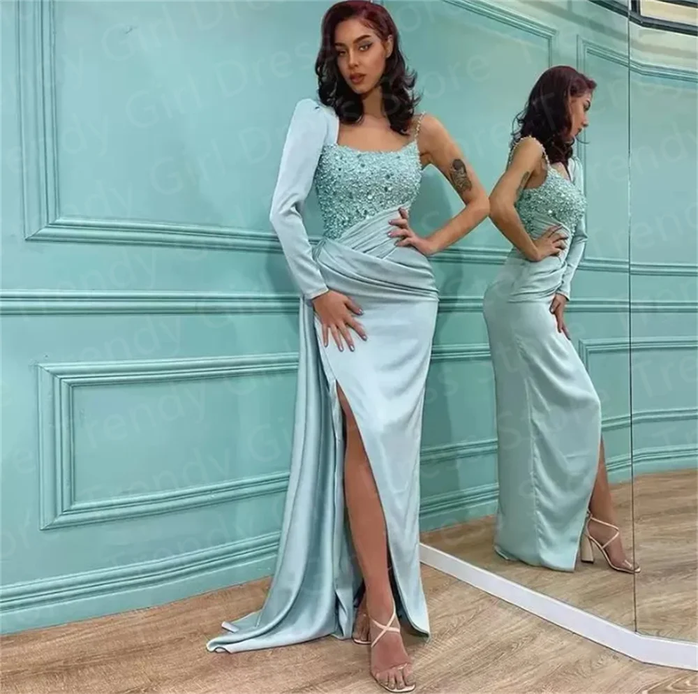 

Luxury Sexy One Long Sleeve Prom Dresses Beaded Ruched Draped Floor Length High Side Split Formal Vestidos De Fiestaفساتين طويلة