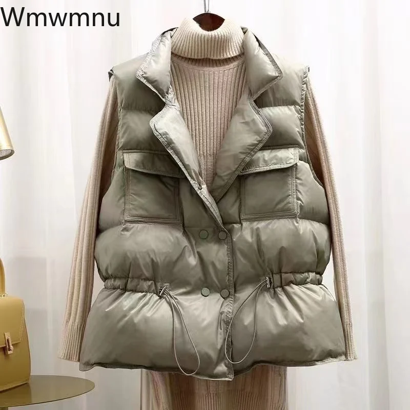 

Autumn Padded Parkas Waistcoat Ultralight Warm Stand Collar Down Vest Women Korean Fashion Lace Up Winter Sleeveless Jackets Mom