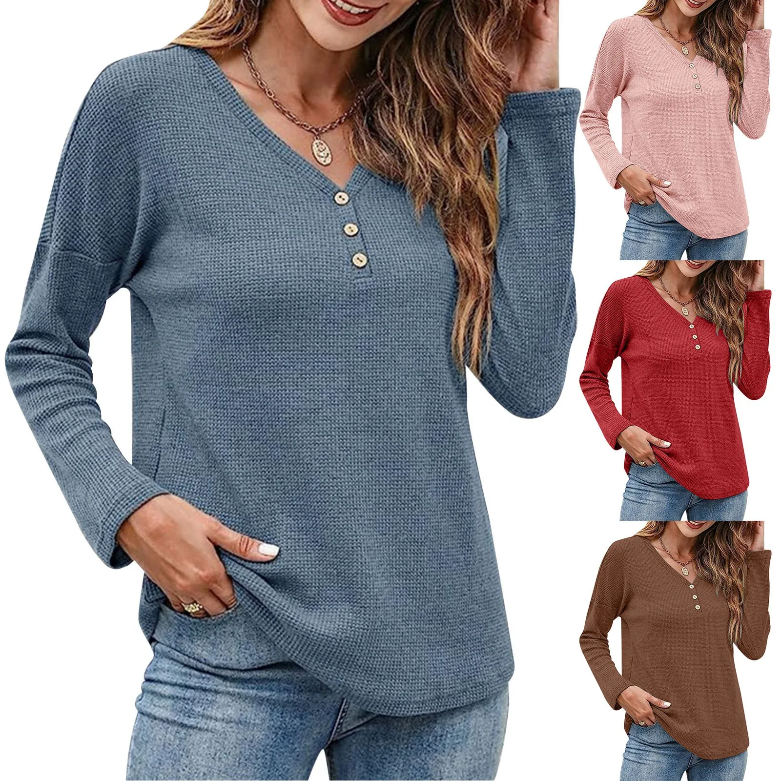 

Winter Button V Neck Henley Shirts Tee Casual Long Sleeves Knitted Tunics Loose Fitting Tees Autumn Elegant Female Sweatshirts