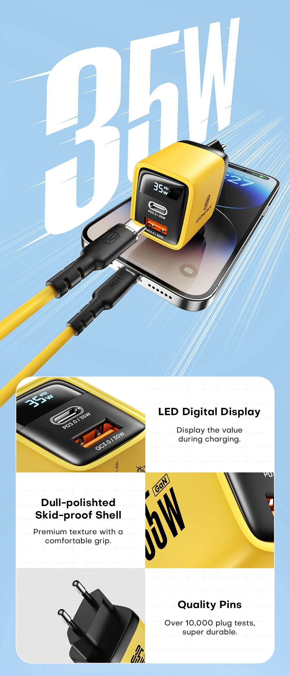 Asome tech 35w gan ladegerät led display qc 3,0 30w 25w pd pps schnell ladung usb typ c ladegerät für iphone 14 pro samsung s23 xiaomi – Detail 8