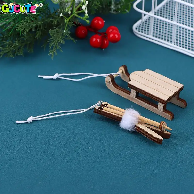 1/12 Dollhouse Miniature Sleigh Sled Ski Poles Pendant Christmas Scene Decoration Dolls House Xmas Accessories Kids Toys Gift 4