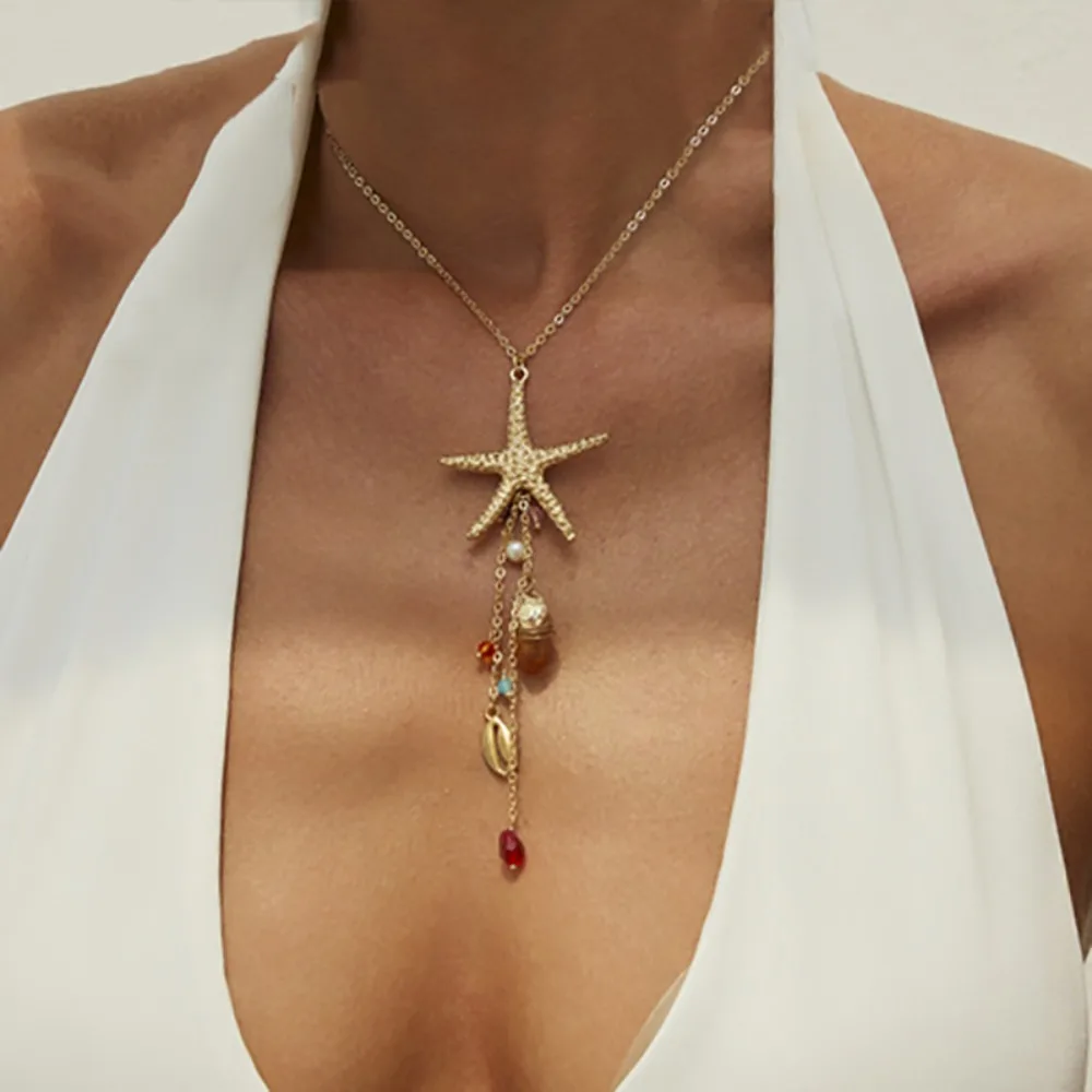 Bohemian Starfish Shell Earrings & Necklace for Women Summer Beach Vacation Conch Pendant Choker Y2K Fashion Jewelry