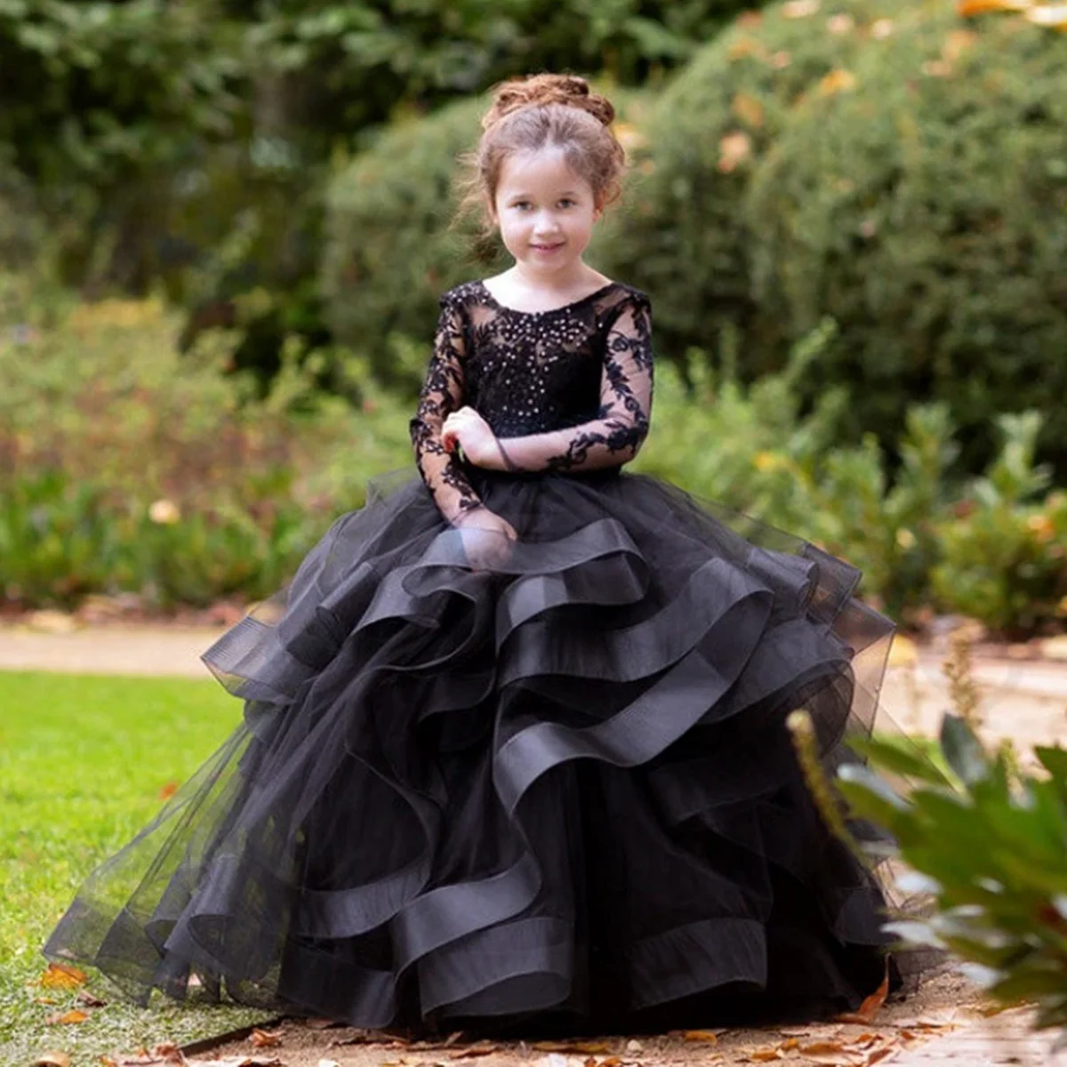 

Black Long Sleeves Flower Girl Dress Ball Gown Long Sleeve Princess Birthday Party Gowns Pageant Dress
