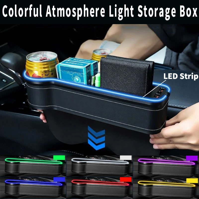

Colorful LED Dual USB Charging Car Seat Crevice Storage Box Seat Gap Slit Pocket Bag Catcher Organizer Cup Card Phone Key Holder