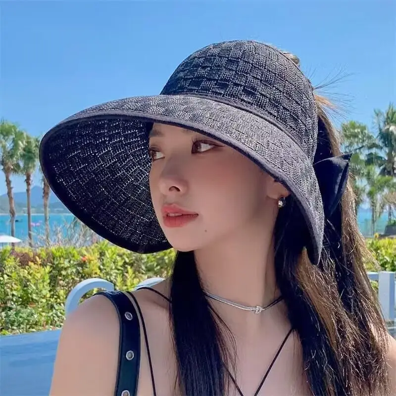 

New Summer Fashion Bow Empty Top Straw Hats For Women Foldable Wide Brim Beach Hat Chapeau Femme Uv Protection Travel Sun Cap