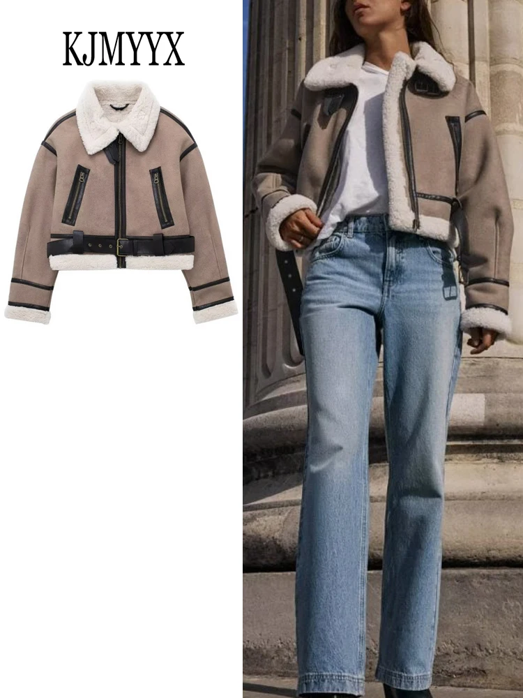 

KJMYYX Women Y2K Faux Fur Coat Patchwork Short Jacket 2023 Winter Woman Bomber Jacket Long Sleeve Zip Up Fleece Cropped Jacket