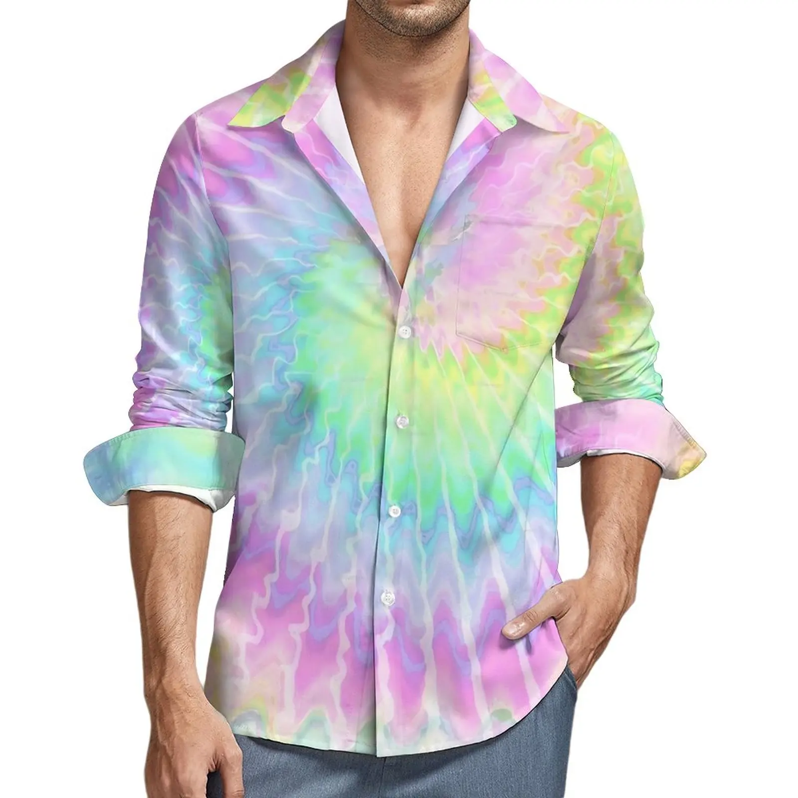 

Festival Tie Dye Streetwear Casual Shirt Men Rainbow Print Shirt Autumn Trendy Blouses Long Sleeve Custom Oversized Top