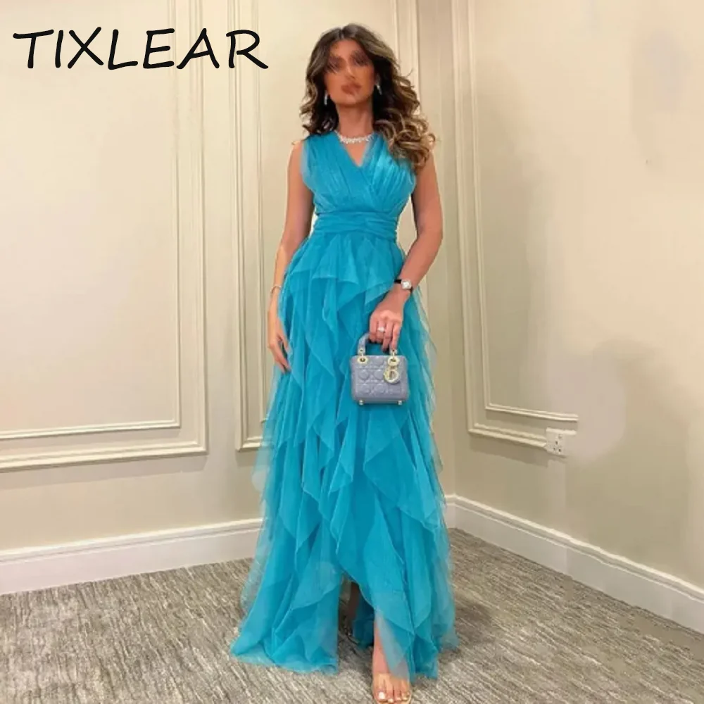 

TIXLEAR A-line Party Dresses Evening Dresses Charming V-Neck Tulle Tiered Pleat Hemline robe de soirée 2024 vestidos de fiesta