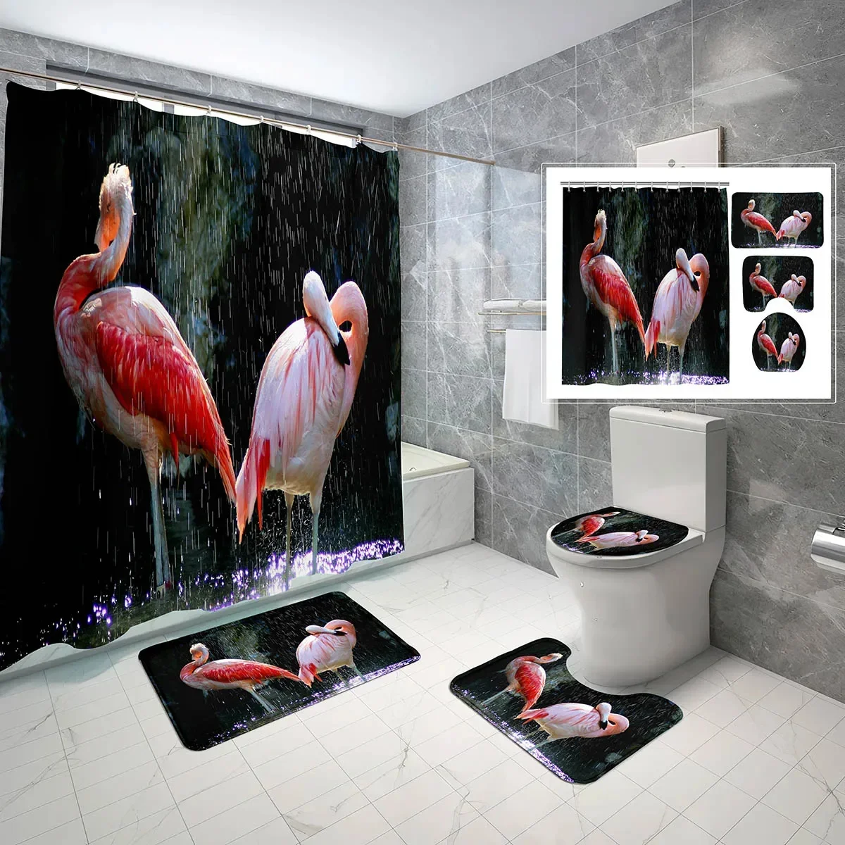 

Flamingo Shower Curtain Set Flamingo Beach Bathroom Shower curtain non-slip carpet Floor mat Toilet seat mat Bathroom Decor