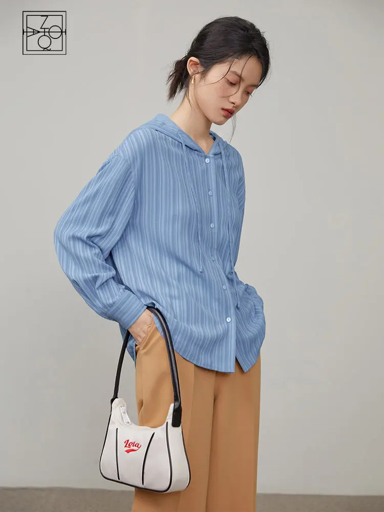 

ZIQIAO Cozy Sense Hooded Blue Shirt for Women Design Niche Spring Summer New Loose Striped Top Simple Style Hoodies Female